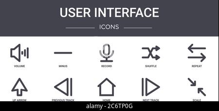 user interface concept line icons set. contains icons usable for web, logo, ui/ux such as minus, shuffle, up arrow, home, next track, scale, repeat, r Stock Vector
