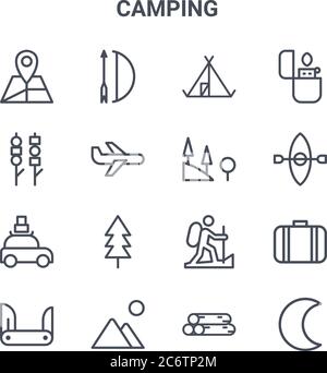set of 16 camping concept vector line icons. 64x64 thin stroke icons such as archery, satay, kayak, hiking, mountains, crescent, wood, hill, lighter Stock Vector