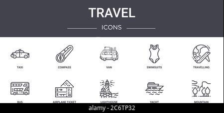 travel concept line icons set. contains icons usable for web, logo, ui/ux such as compass, swimsuits, bus, lighthouse, yacht, mountain, travelling, va Stock Vector