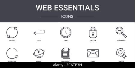 web essentials concept line icons set. contains icons usable for web, logo, ui/ux such as left, unlock, refresh, document, email, badge, zoom out, tim Stock Vector