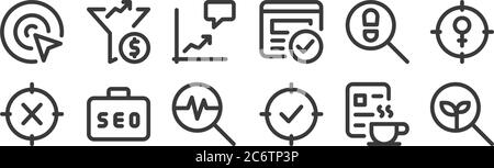 12 set of linear web apps seo icons. thin outline icons such as searching, tick mark, job, search, chat, filter for web, mobile Stock Vector