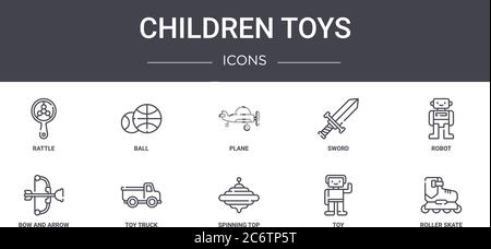 children toys concept line icons set. contains icons usable for web, logo, ui/ux such as ball, sword, bow and arrow, spinning top, toy, roller skate, Stock Vector