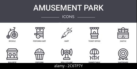 amusement park concept line icons set. contains icons usable for web, logo, ui/ux such as popcorn cart, ticket office, bullseye, roll o plane, dinner Stock Vector