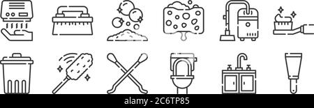 12 set of linear cleaning icons. thin outline icons such as paint scraper, toilet, duster, vacuum, handwash, brush for web, mobile Stock Vector