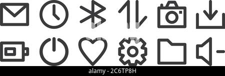 12 set of linear user interface icons. thin outline icons such as low volume, settings, power on, camera, tooth, clock for web, mobile Stock Vector