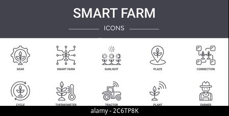 smart farm concept line icons set. contains icons usable for web, logo, ui/ux such as smart farm, place, cycle, tractor, plant, farmer, connection, su Stock Vector