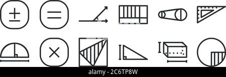 set of 12 thin outline icons such as circle, triangle, multiplication, diameter, acute angle, equal for web, mobile Stock Vector