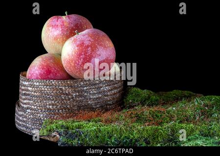 Organic apples in a basket on the summer grass. Fresh apples in nature. Isolated on black. Stock Photo