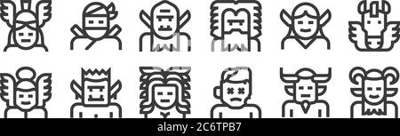12 set of linear fantastic characters icons. thin outline icons such as faun, zombie, orc, elf, troll, ninja for web, mobile Stock Vector