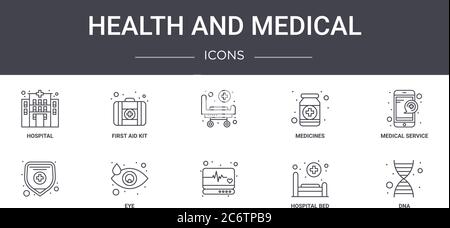 health and medical concept line icons set. contains icons usable for web, logo, ui/ux such as first aid kit, medicines, , hospital bed, dna, medical Stock Vector