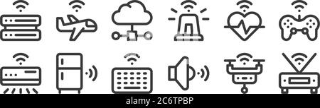 12 set of linear internet of things icons. thin outline icons such as wifi, speaker, smart refrigerator, heartbeat, network, airplane for web, mobile Stock Vector