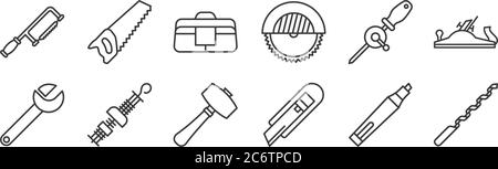 12 set of linear carpentry icons. thin outline icons such as drill, cutter, tool, hand drill, bag, saw for web, mobile Stock Vector
