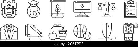 12 set of linear academy icons. thin outline icons such as sharpener, sports, trigonometry, law, biology, education for web, mobile Stock Vector