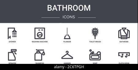 bathroom concept line icons set. contains icons usable for web, logo, ui/ux such as washing machine, toilet brush, sprayer, hanger, soap, cloth hook, Stock Vector