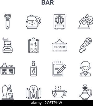 set of 16 bar concept vector line icons. 64x64 thin stroke icons such as kettle, coffee grinder, karaoke, order, placeholder, hookah, tea cup, closed, Stock Vector