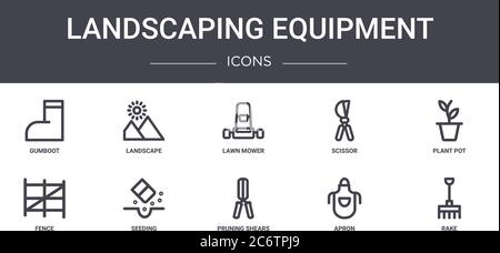 landscaping equipment concept line icons set. contains icons usable for web, logo, ui/ux such as landscape, scissor, fence, pruning shears, apron, rak Stock Vector