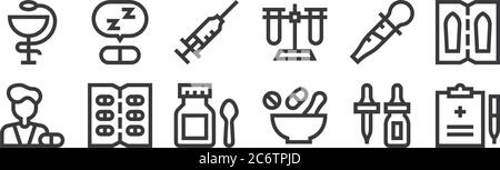 12 set of linear pharmacy icons. thin outline icons such as prescription, mortar, capsules, pipette, syringe, sleeping pills for web, mobile Stock Vector