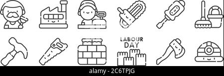 12 set of linear labour day icons. thin outline icons such as helmet, labor day, saw, screwdriver, cashier, factory for web, mobile Stock Vector