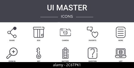 ui master concept line icons set. contains icons usable for web, logo, ui/ux such as box, favorite, zoom in, battery, question, list, more, camera Stock Vector
