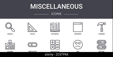 miscellaneous concept line icons set. contains icons usable for web, logo, ui/ux such as ruler, browser, id card, calculator, sad, button, hammer, not Stock Vector