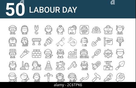 set of 50 labour day icons. outline thin line icons such as wrench, welder, policewoman, chef, doctor, worker, factory Stock Vector