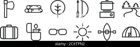 set of 12 thin outline icons such as camp, sun, lighter, stove, tree, wood for web, mobile Stock Vector