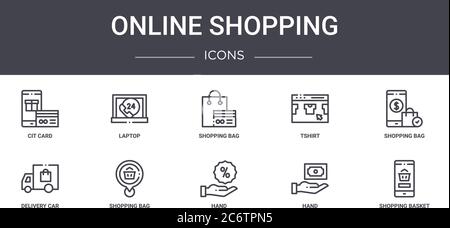 online shopping concept line icons set. contains icons usable for web, logo, ui/ux such as laptop, tshirt, delivery car, hand, hand, shopping basket, Stock Vector