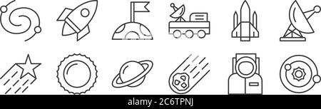 12 set of linear space icons. thin outline icons such as solar system, asteroid, sun, spacecraft, moon, rocket for web, mobile Stock Vector