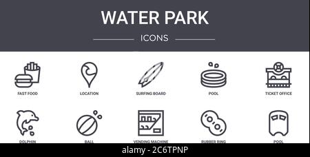 water park concept line icons set. contains icons usable for web, logo, ui/ux such as location, pool, dolphin, vending machine, rubber ring, pool, tic Stock Vector