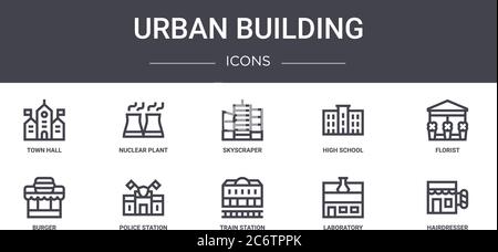 urban building concept line icons set. contains icons usable for web, logo, ui/ux such as nuclear plant, high school, burger, train station, laborator Stock Vector