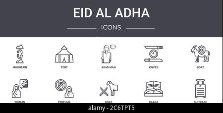 eid al adha concept line icons set. contains icons usable for web, logo, ui/ux such as tent, knifes, woman, goat, kaaba, suitcase, goat, arab man Stock Vector