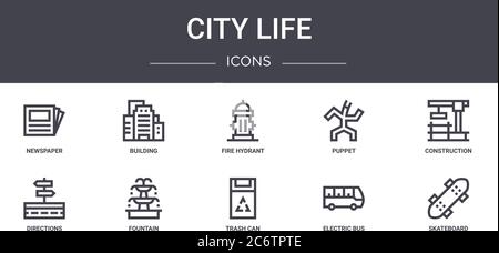 city life concept line icons set. contains icons usable for web, logo, ui/ux such as building, puppet, directions, trash can, electric bus, skateboard Stock Vector