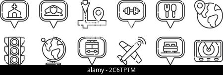 12 set of linear navigation and maps icons. thin outline icons such as radar, airplane, globe, restaurant, route, police station for web, mobile Stock Vector