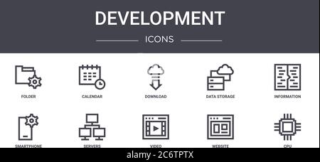 development concept line icons set. contains icons usable for web, logo, ui/ux such as calendar, data storage, smartphone, video, website, cpu, inform Stock Vector