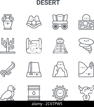 set of 16 desert concept vector line icons. 64x64 thin stroke icons such as hat, dead tree, tornado, cave, oil barrel, skull, hot, oil derrick, drough Stock Vector
