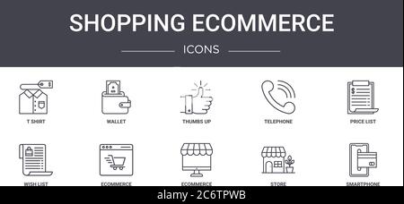shopping ecommerce concept line icons set. contains icons usable for web, logo, ui/ux such as wallet, telephone, wish list, ecommerce, store, smartpho Stock Vector