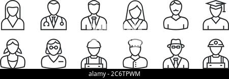 set of 12 thin outline icons such as miner, baker, teacher, barber, businessman, doctor for web, mobile Stock Vector