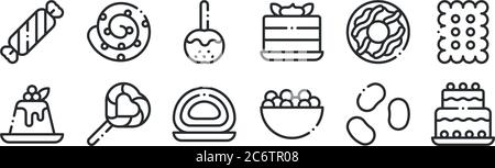 set of 12 thin outline icons such as birthday cake, candies, lollipop, donut, caramelized apple, cinnamon roll for web, mobile Stock Vector