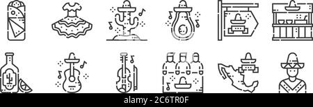 12 set of linear cinco de mayo icons. thin outline icons such as mexican, hat, guitar, mexico, cactus, mexican for web, mobile Stock Vector