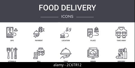 food delivery concept line icons set. contains icons usable for web, logo, ui/ux such as payment, place, utensils, tray, order, grocery, take away, lo Stock Vector