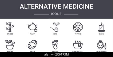 alternative medicine concept line icons set. contains icons usable for web, logo, ui/ux such as teapot, yin yang, mortar, massage, hydrotherapy, mesot Stock Vector