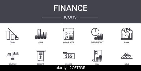 finance concept line icons set. contains icons usable for web, logo, ui/ux such as coin, time is money, balance, folder, bill, gold, bank, calculator Stock Vector