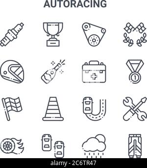 set of 16 autoracing concept vector line icons. 64x64 thin stroke icons such as trophy, helmet, medal, fast, cars, uniform, rain, first aid kit, racin Stock Vector