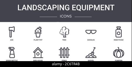 landscaping equipment concept line icons set. contains icons usable for web, logo, ui/ux such as plant pot, googles, spray bottle, fence, shovel, pump Stock Vector