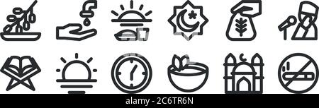 set of 12 thin outline icons such as no smoking, tea, sunrise, zakat, fasting, wudhu for web, mobile Stock Vector