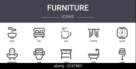 furniture concept line icons set. contains icons usable for web, logo, ui/ux such as bed, curtain, armchair, table, bath, lamp, alarm, mug Stock Vector