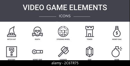 video game elements concept line icons set. contains icons usable for web, logo, ui/ux such as death, tower, mystery, hammer, gem, bomb, money bag, st Stock Vector