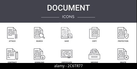 document concept line icons set. contains icons usable for web, logo, ui/ux such as search, copy, contract, certificate, archive, delete, protection, Stock Vector