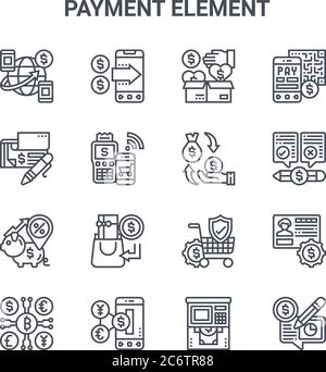 set of 16 payment element concept vector line icons. 64x64 thin stroke icons such as mobile payment, check book, pros and cons, online purchase, curre Stock Vector