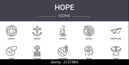 hope concept line icons set. contains icons usable for web, logo, ui/ux such as anchor, no war, world, worldwide, peace, peace, paper plane, incense Stock Vector